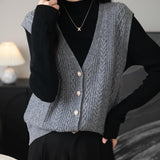 100% Merino Wool V-Neck Button Cable Knit Sweater Vest