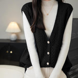 100% Merino Wool V-Neck Button Cable Knit Sweater Vest