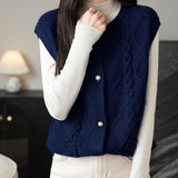 100% Merino Wool Crewneck Button Cable Knit Sweater Vest