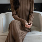 Merino Wool Blend Mock Neck Ribbed Knit Sweater Dress