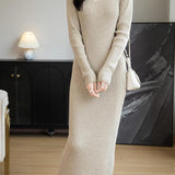 Merino Wool Blend V-Neck Ribbed Knit Long Sweater Dress