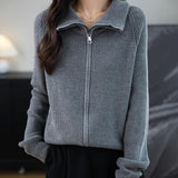 Merino Wool Blend Dragkedja Stickad Sweatshirt Cardigan