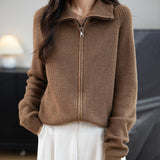 Merino Wool Blend Dragkedja Stickad Sweatshirt Cardigan