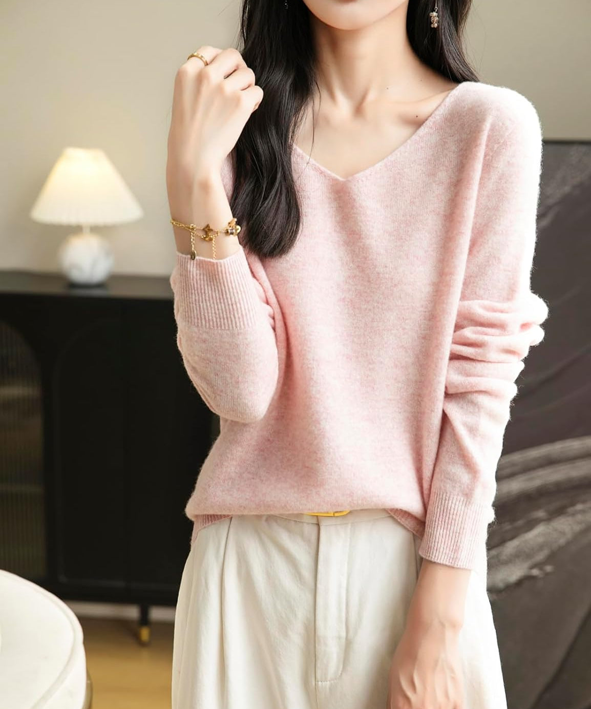100% Merino Wool V-Neck Seamless Casual Sweater