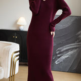 Merino Wool Blend V-Neck Ribbed Knit Long Sweater Dress