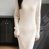 Merino Wool Blend Ribbed Mock Neck Sweater Dress