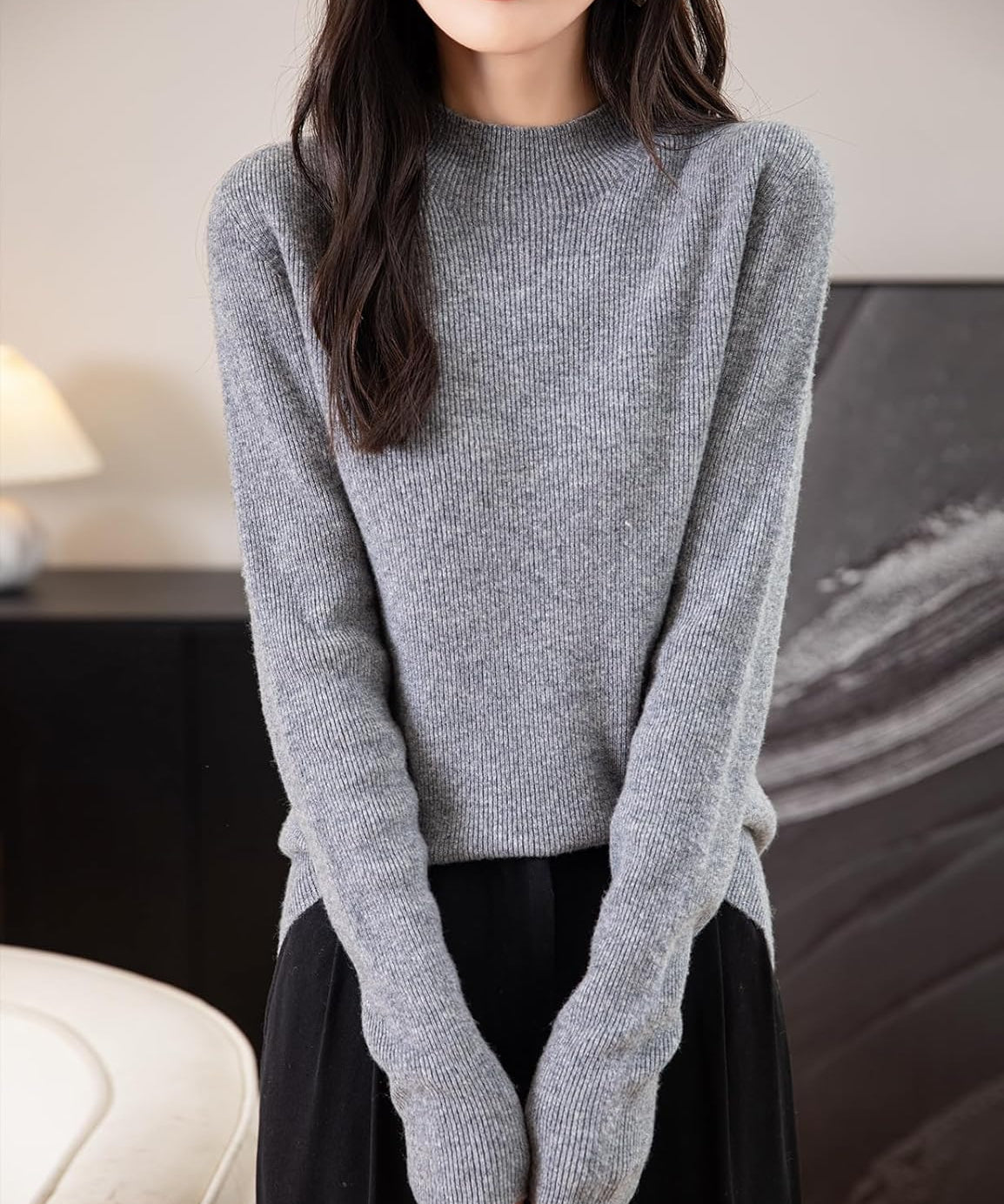 100% Merino Wool Seamless Ribbed Mockneck Sweater