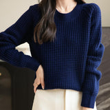 Suéter 100% lã merino waffle tricotado com gola redonda