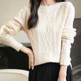 100% Merino Wool Vintage Crewneck Casual Cable Knit Sweater