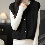 100% Merino Wool Crewneck Button Cable Knit Sweater Vest