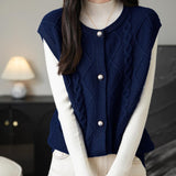 100% Merino Wool Crewneck Button Cable Knit Sweater Vest