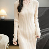 Merino Wool Blend V-Neck Ribbed Knit Sweater Dress