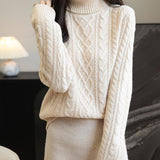 100% Merino Wool Turtleneck Casual Cable Knit Sweater