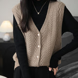 100% Merino Wool V-Neck Button Cable Knit Sweater Vest