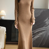 Merino Wool Blend V-Neck Ribbed Bodycon Knit Dress