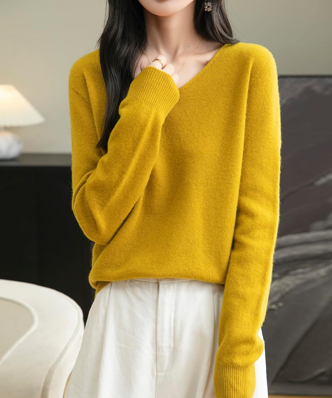 100% Merino Wool V-Neck Seamless Casual Sweater