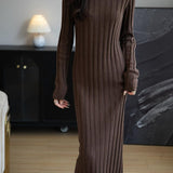 Merino Wool Blend Mock Neck Ribbed Knit Sweater Dress
