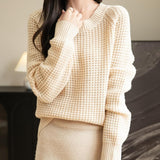 Suéter 100% lã merino waffle tricotado com gola redonda