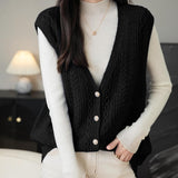100% Merino Wool V-Neck Button Cable Knit Sweater Vest