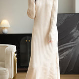 Merino Wool Blend V-Neck Ribbed Bodycon Knit Dress