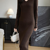 Merino Wool Blend V-Neck Ribbed Knit Long Sweater Dress