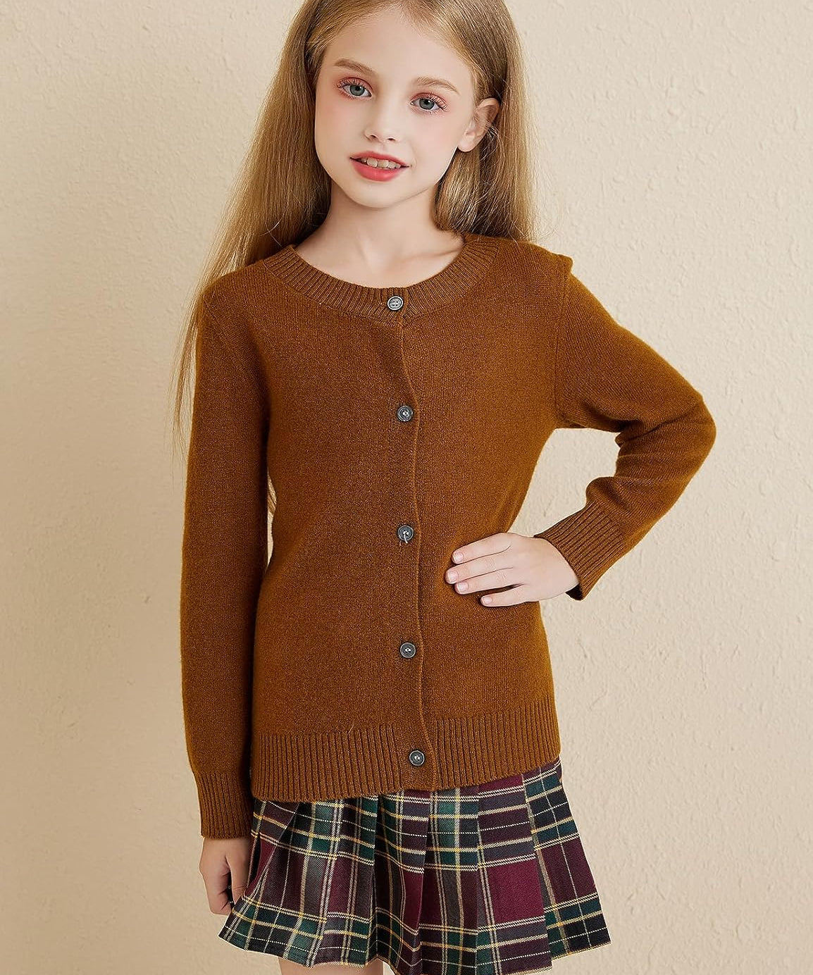 Dziewczęcy kardigan ze 100% wełny merynosów z okrągłym dekoltem