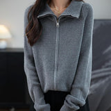Merino Wool Blend Dragkedja Stickad Sweatshirt Cardigan