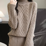 100% Merino Wool Turtleneck Casual Cable Knit Sweater