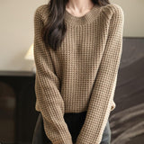 Suéter 100% lã merino waffle tricotado com gola redonda