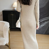 Merino Wool Blend V-Neck Ribbed Knit Long Sweater Dress