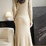Merino Wool Blend V-Neck Ribbed Bodycon Knit Dress