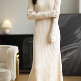 Merino Wool Blend V-Neck Ribbed Bodycon Knit Dress