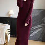 Merino Wool Blend V-Neck Ribbed Knit Long Sweater Dress