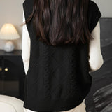 100% Merino Wool Crewneck Button Cable Knit Sweater Vest