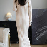 Merino Wool Blend Mock Neck Ribbed Knit Sweater Dress