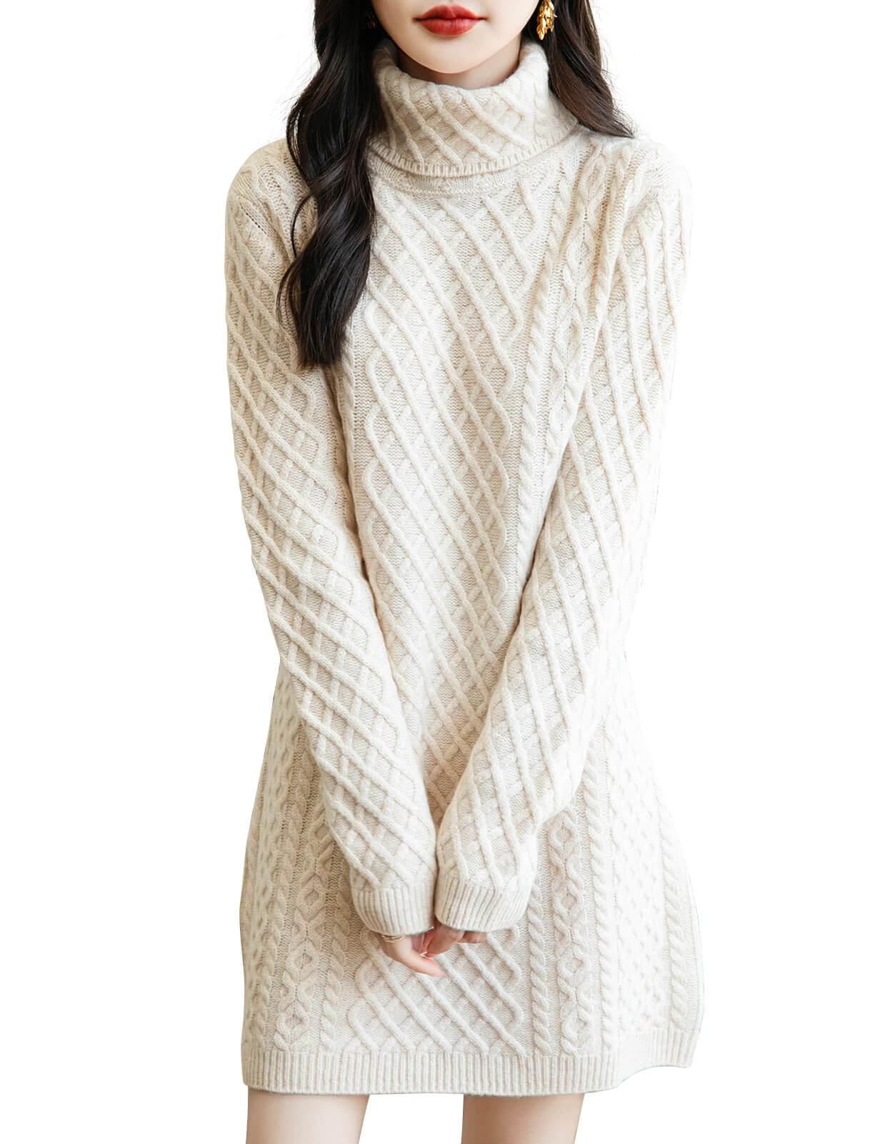 Chanyarn 100% Merino Wool Turtleneck Sweater Dress Cable Knit Elegance Beige5004 / S Chanyarn 100% Merino Wool Turtleneck Sweater Dress Cable Knit Elegance Beige5004 / S