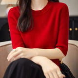 100% 메리노 울 크루넥 반소매 스웨터