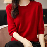 100% 메리노 울 크루넥 하프 슬리브 스웨터