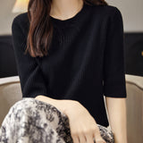 100% 메리노 울 크루넥 반소매 스웨터