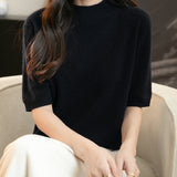 100% 메리노 울 반소매 모크넥 심리스 스웨터