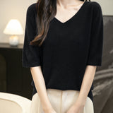 100% 메리노 울 브이넥 심리스 반소매 스웨터