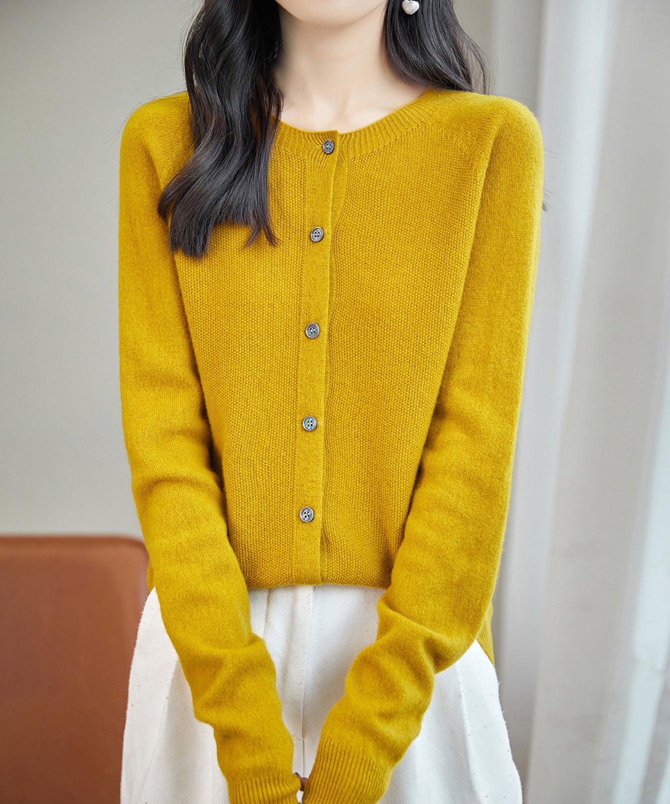 100% Merino Wool Crewneck Cardigan Sweater