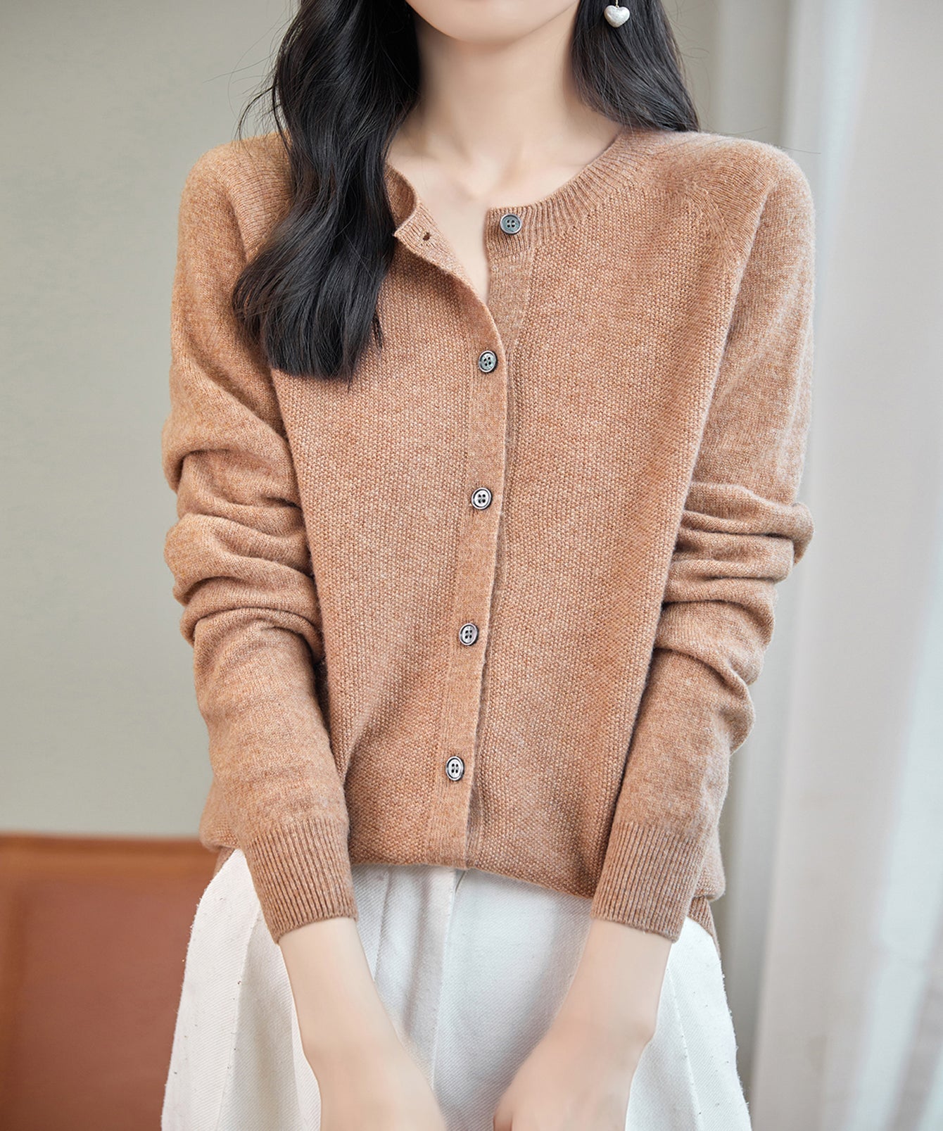 100% Merino Wool Crewneck Cardigan Sweater