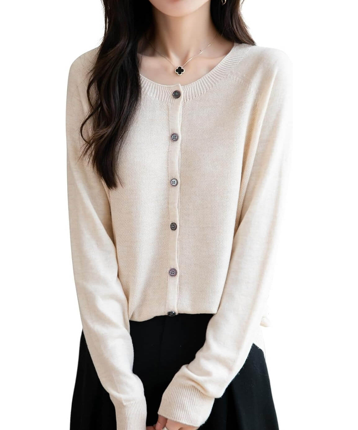 Merino Wool Blend Seamless Crewneck Cardigan