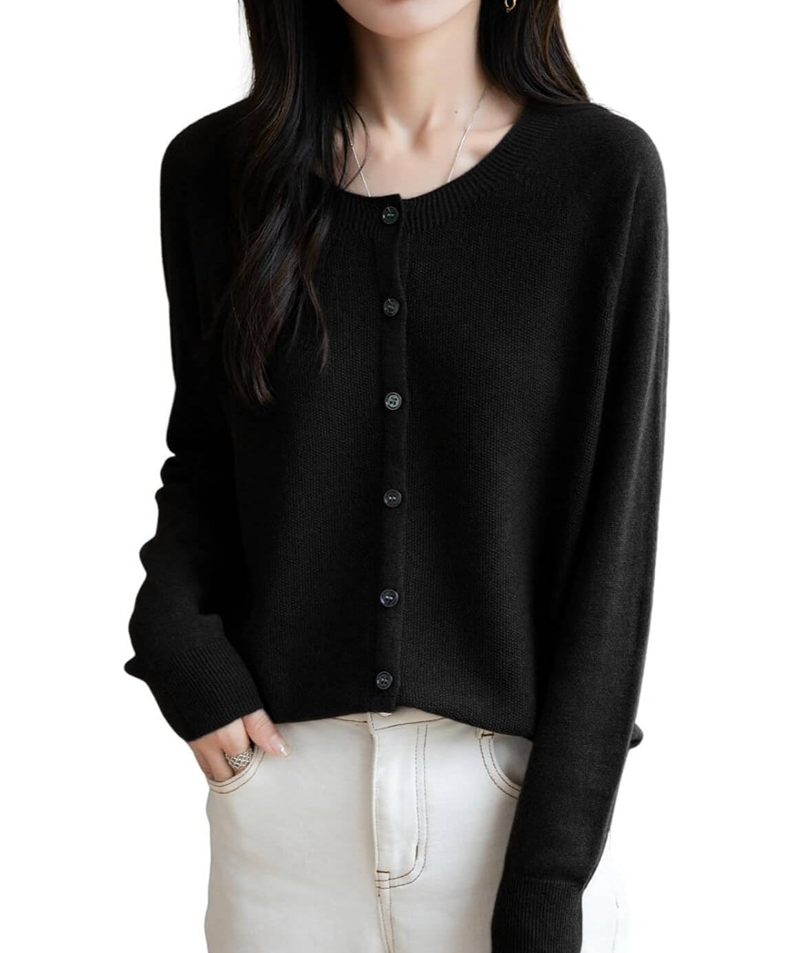 Merino Wool Blend Seamless Crewneck Cardigan