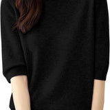 Chanyarn Women's 100% Merino Wool Sweater Crewneck Half Sleeve Tops Lightweight Spring Summer Sweater Knit Pullover