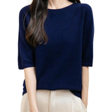 Suéter 100% lã Merino sem costura com gola redonda e manga curta