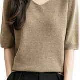 Women's V-Neck 100% Merino Wool Spring Fall Winter First-Line Ready to Wear Seamless Knit Shirt Short Sleeve Sweater