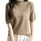 Suéter sem costura 100% lã Merino com gola alta e manga curta