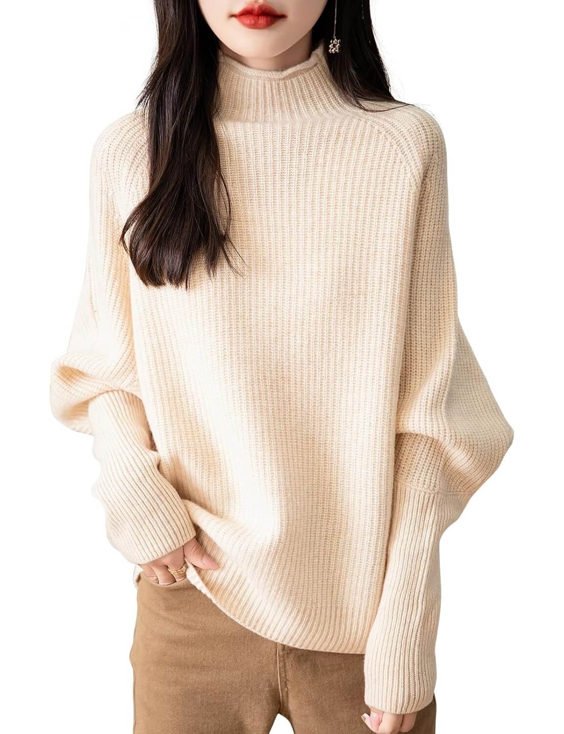 Pull surdimensionné à manches chauve-souris et col montant 100 % laine mérinos